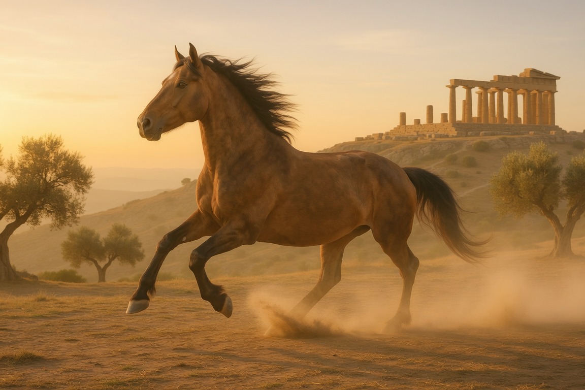 A horse galloping across dry ground, an ancient Greek temple on the hill behind