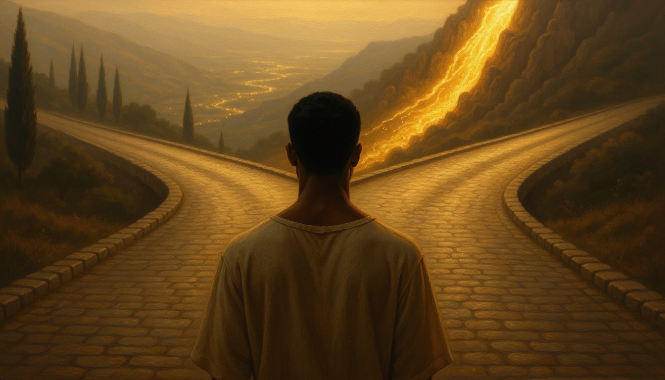 A young man seen from behind standing at a fork in a stone road, one way lit gold