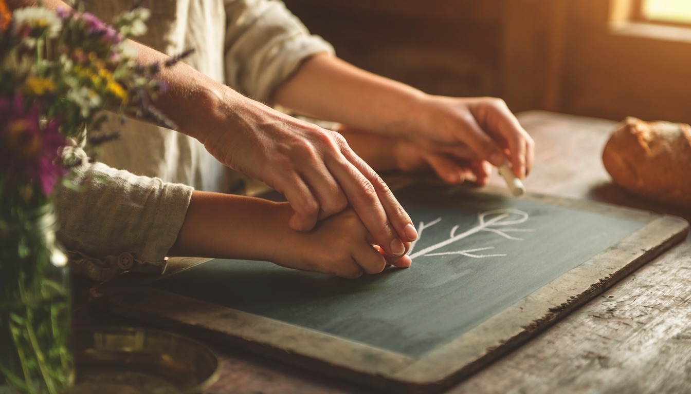An adult's hand guiding a child's hand drawing a tree in chalk on a slate at a kitchen table