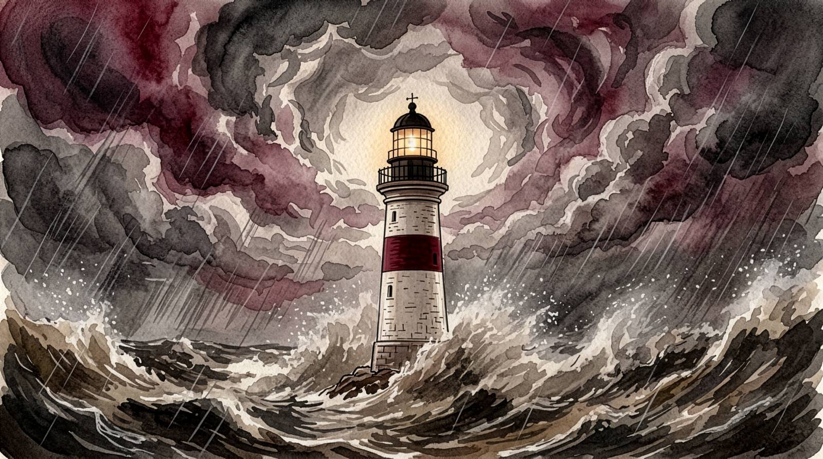 The lighthouse in the storm, waves breaking around its base