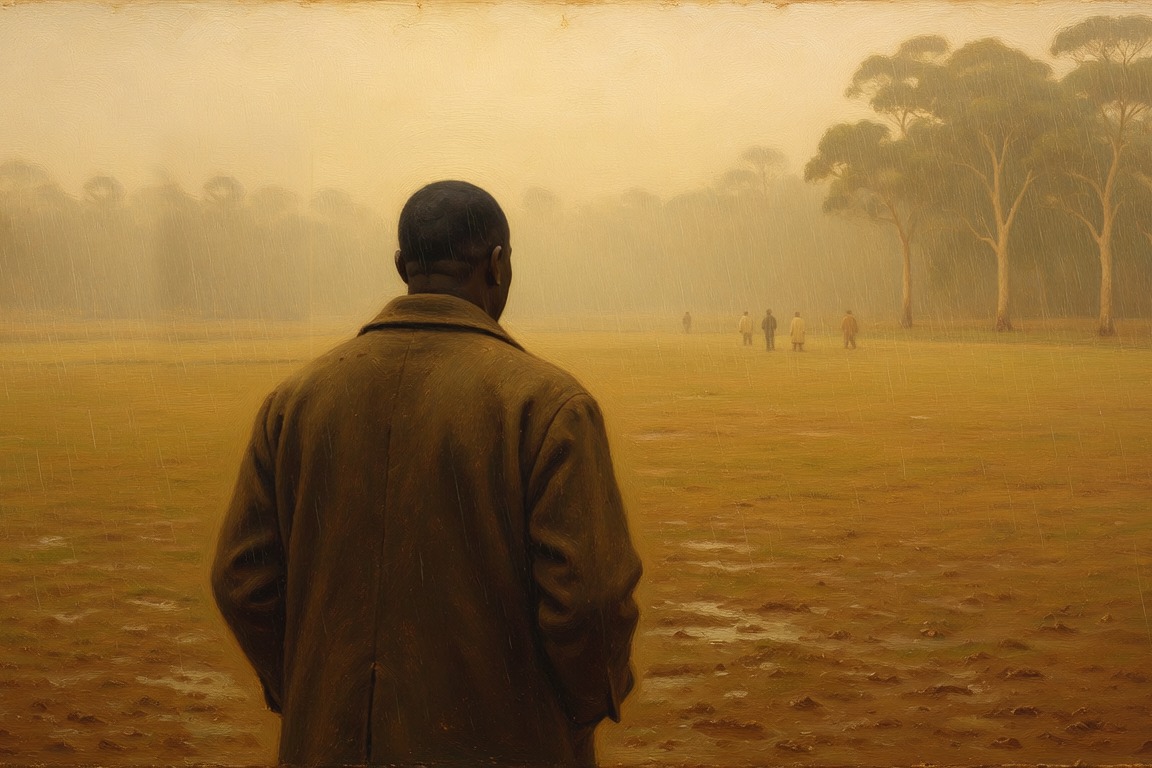 A man in a coat seen from behind standing on the sideline of a misty sports field, small figures playing in the distance
