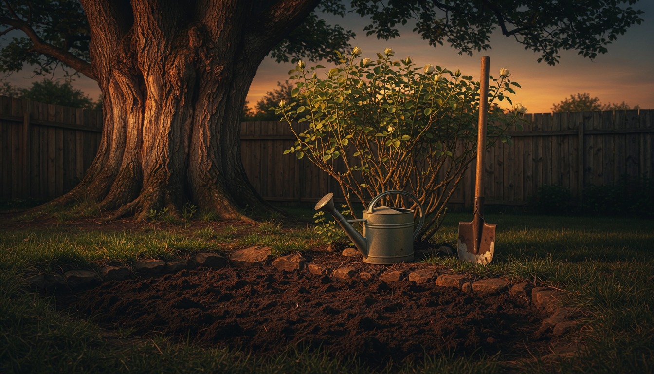 A garden at sunset beneath a great old tree, a young bush freshly planted, a watering can and spade beside it