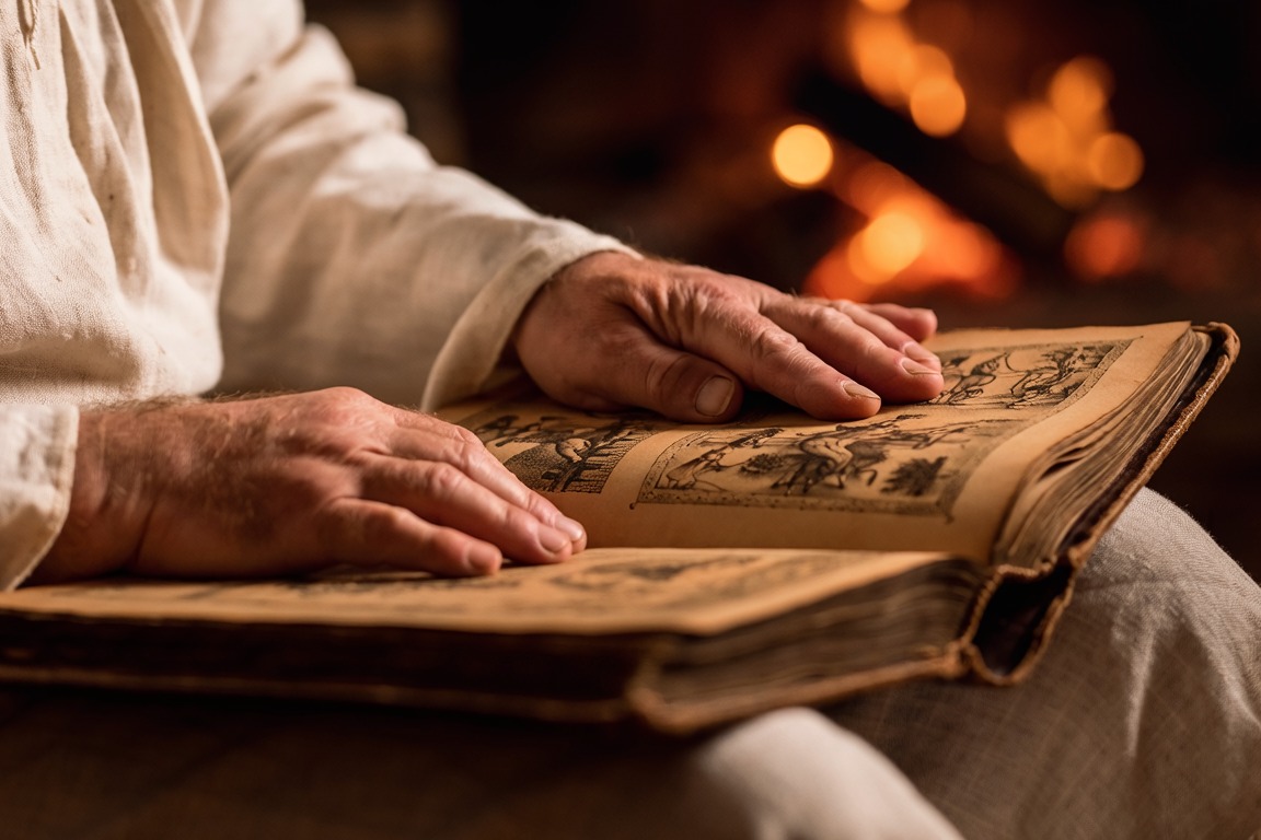 An older person's hands resting on the open pages of an old illustrated storybook