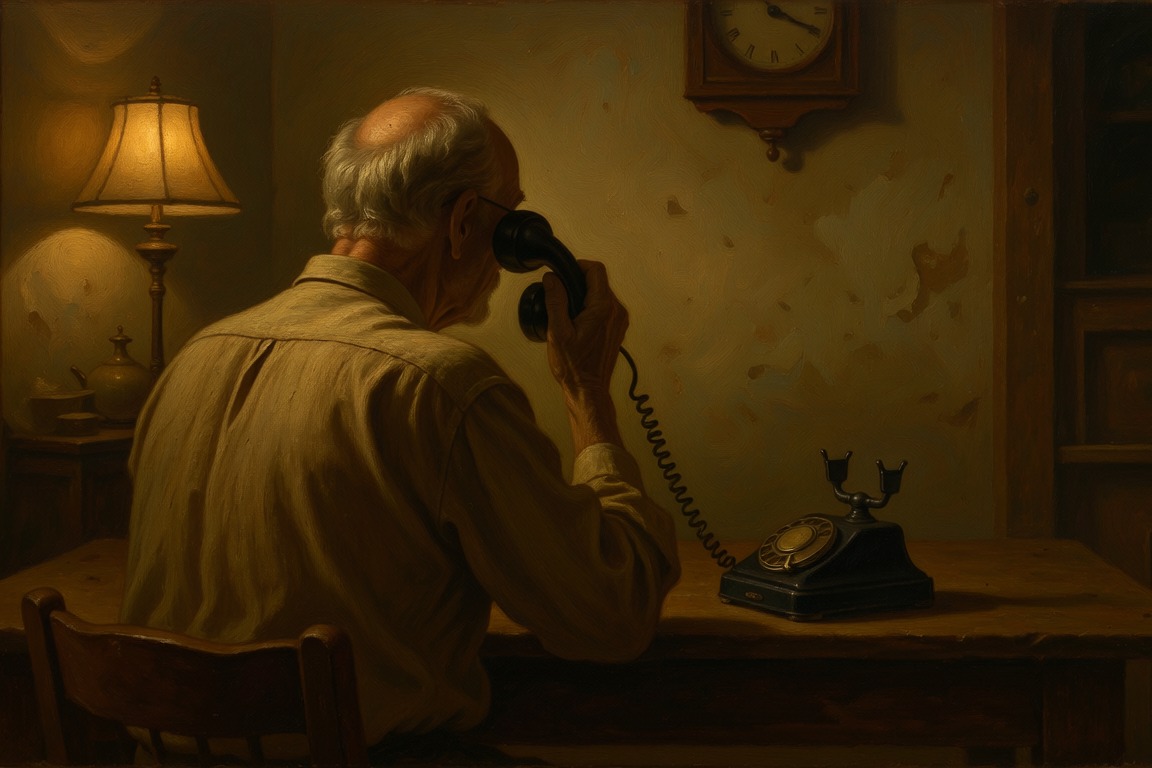 An older man seen from behind holding an old telephone to his ear at a table under a lamp