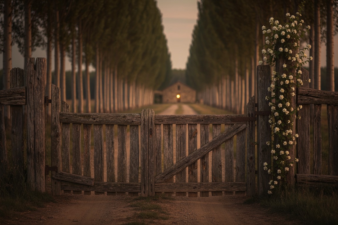 A timber farm gate at the end of a road lined with tall poplars, jasmine on the fence beside it
