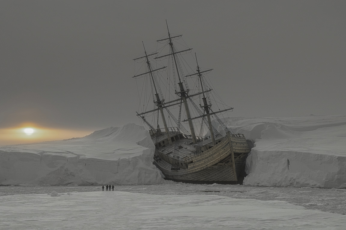 Shackleton's ship Endurance crushed in the Antarctic pack ice, tiny figures standing on the floe beside her