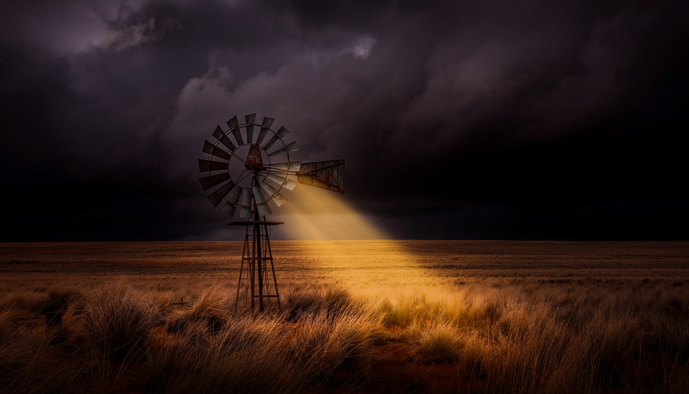 A lone windmill on a dark plain under storm clouds, a shaft of light falling across the grass