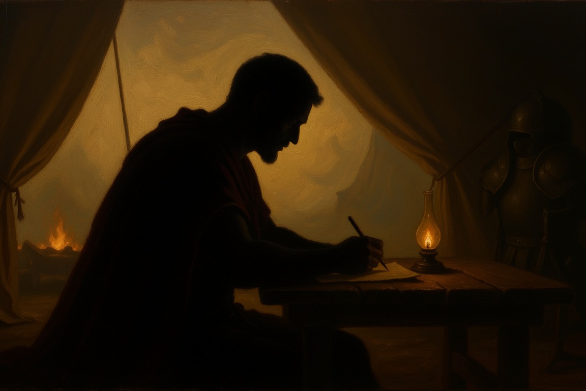A man in silhouette writing by candlelight at a table inside a tent at night