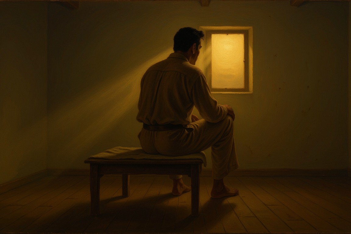 A man sitting alone on a bench in a dim room, head bowed, light falling through a small window