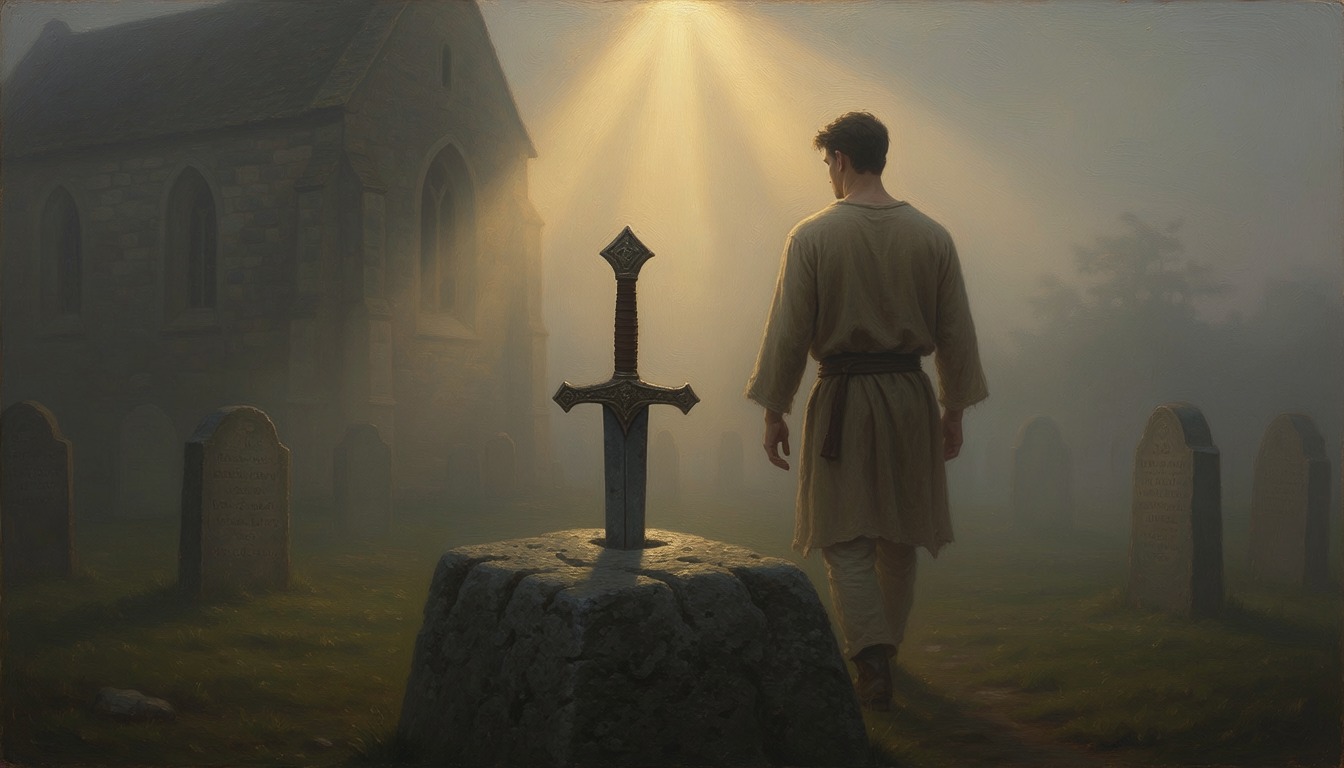 A sword set in a stone in an old churchyard, a young man seen from behind looking at it