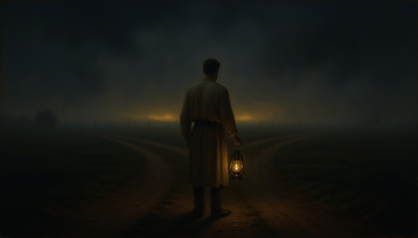 A man seen from behind holding a lantern where a dark road divides at night