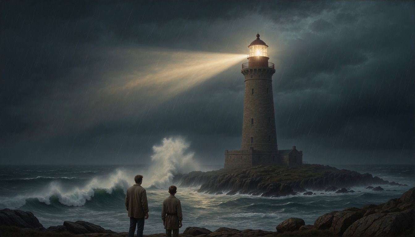 A stone lighthouse on a rocky headland in a winter storm at dusk, its beam cutting the dark as waves break, a man and a teenage boy seen from behind on the rocks