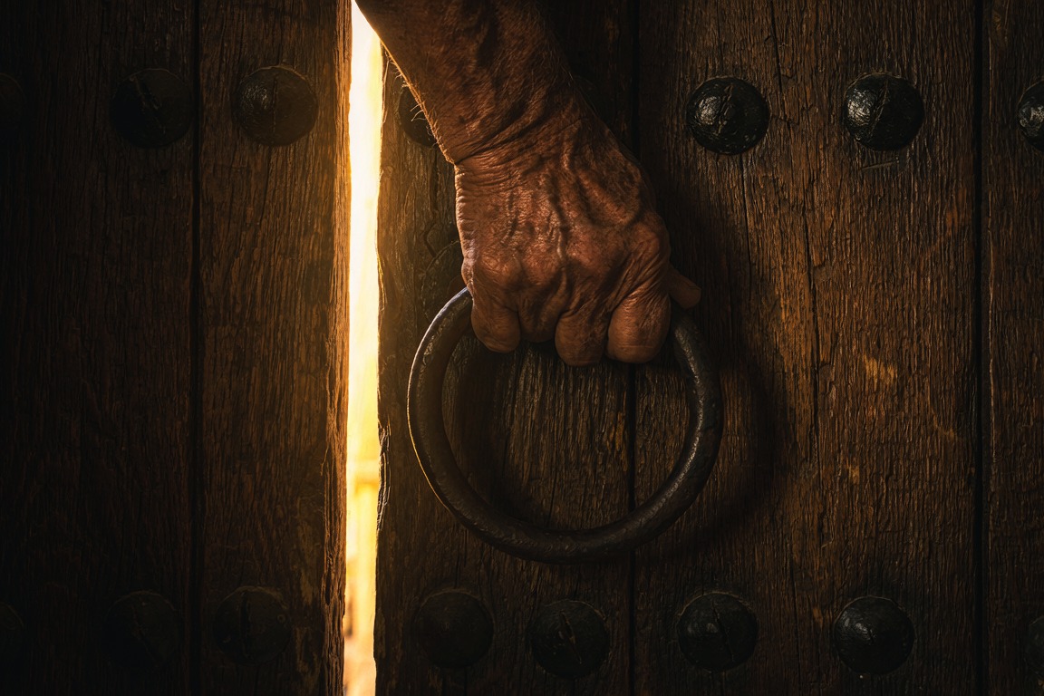 A weathered hand resting on the iron ring handle of a heavy timber door, a thin line of light at its edge