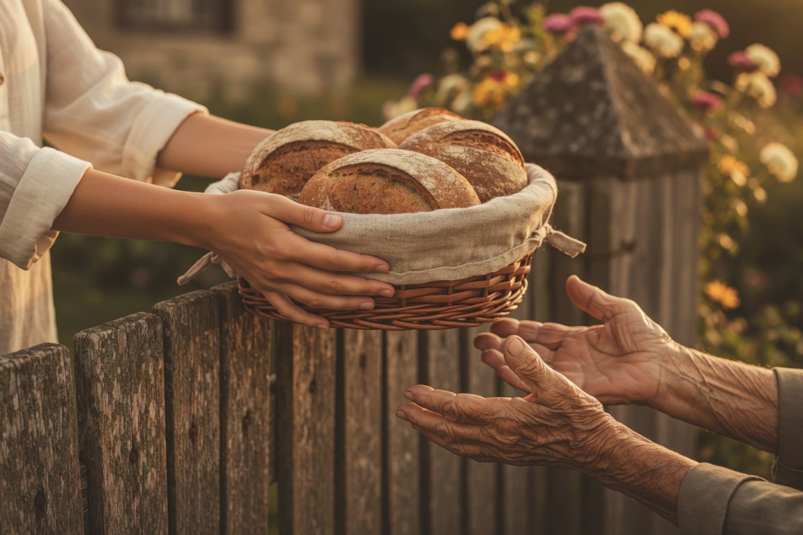 A basket of bread handed over a garden fence into an elderly person's waiting hands