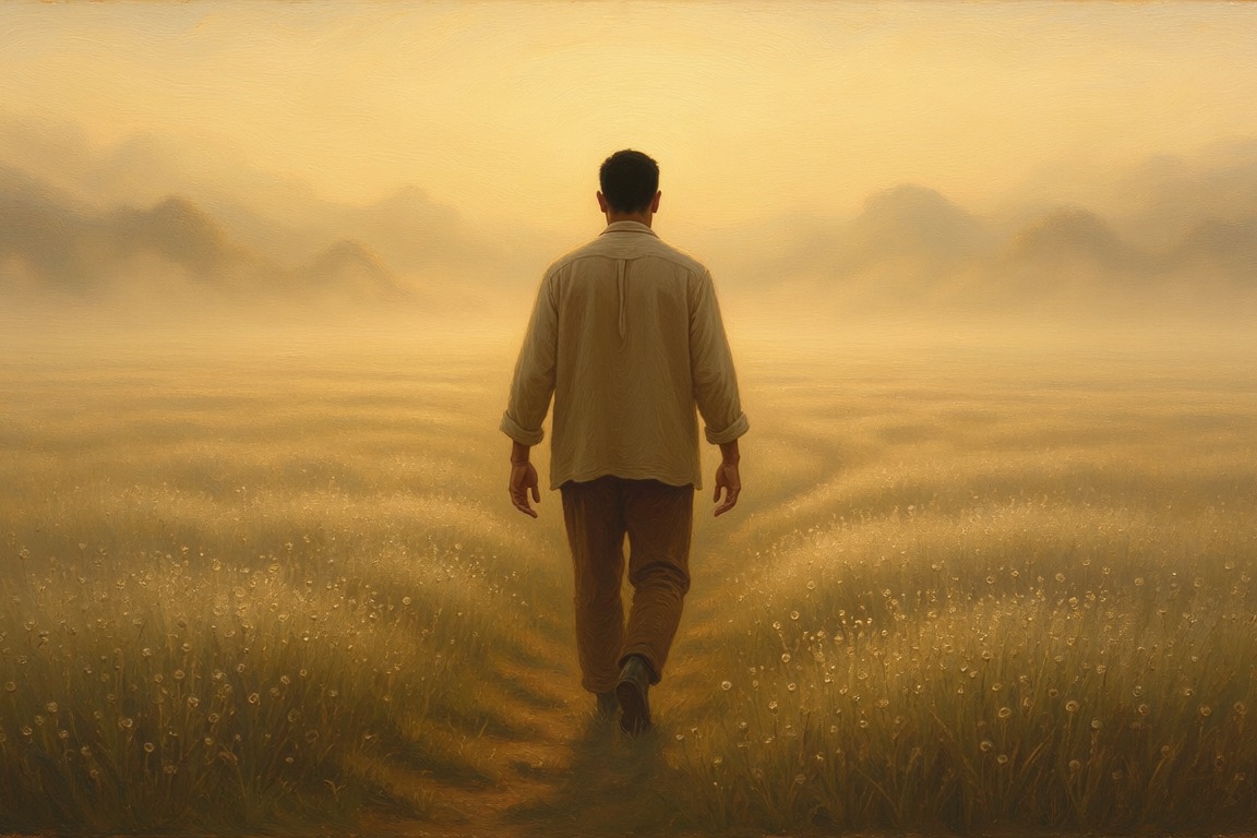 A man seen from behind walking into a misty field where no path has been made