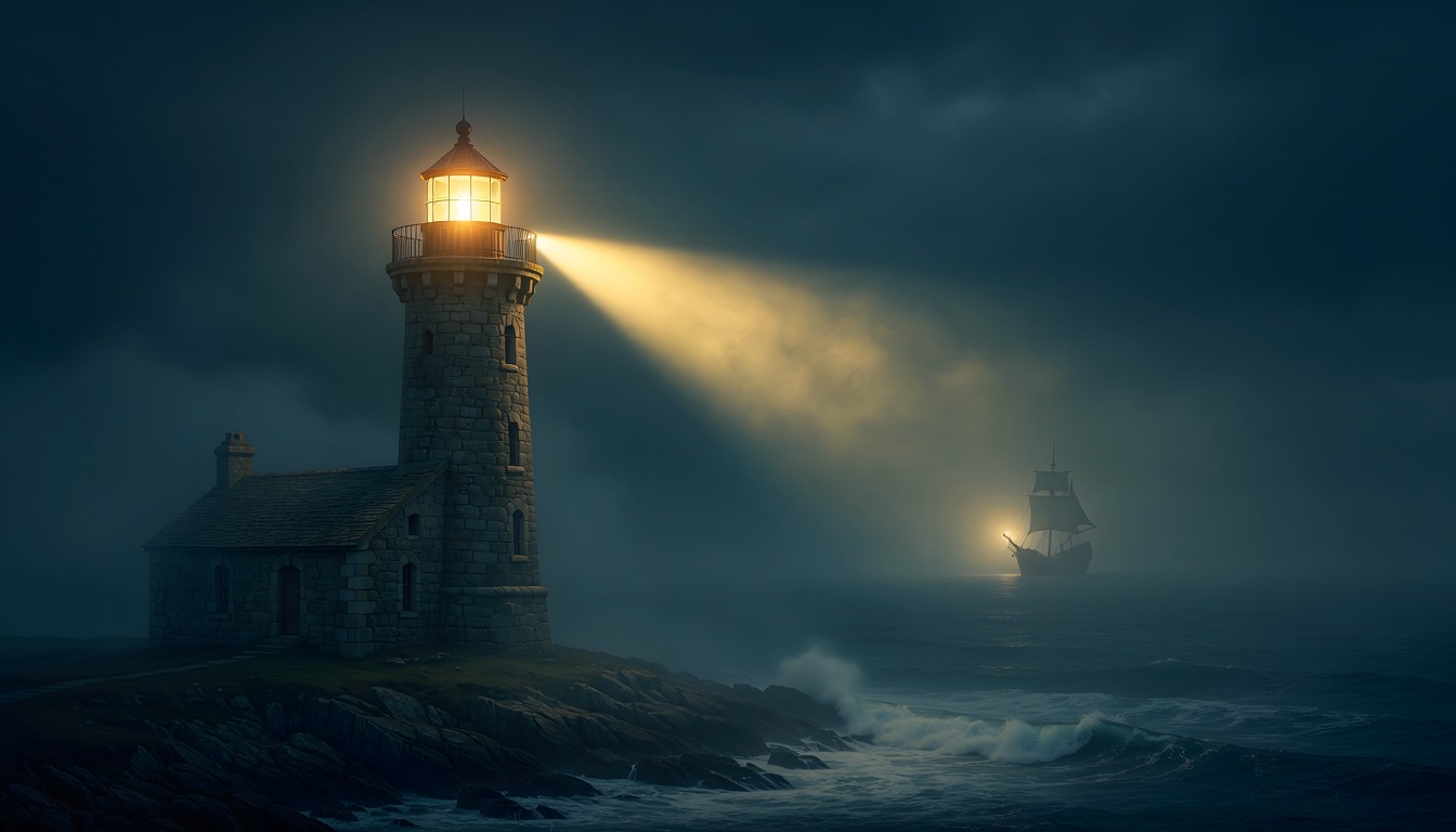A lighthouse on a rocky shore at night, its beam reaching out to a small ship on the dark sea