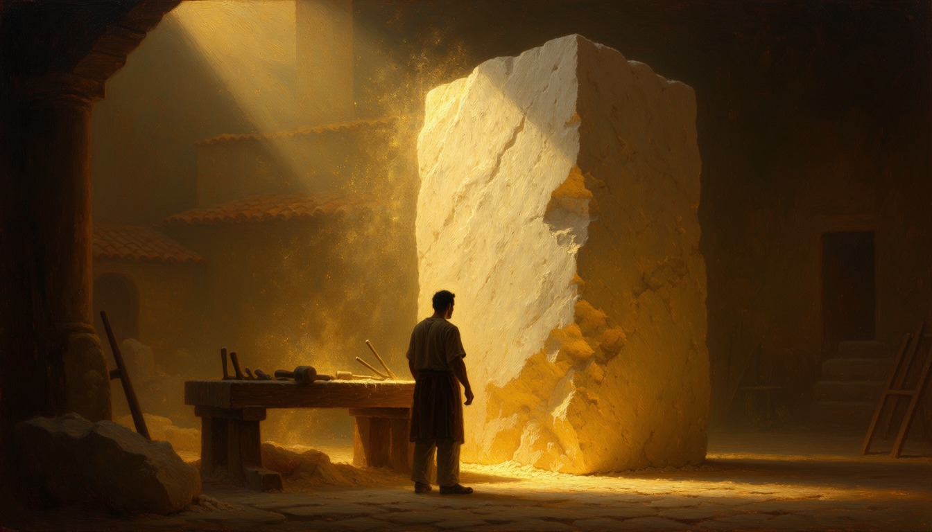 A sculptor seen from behind standing before a towering block of marble in a sunlit workshop