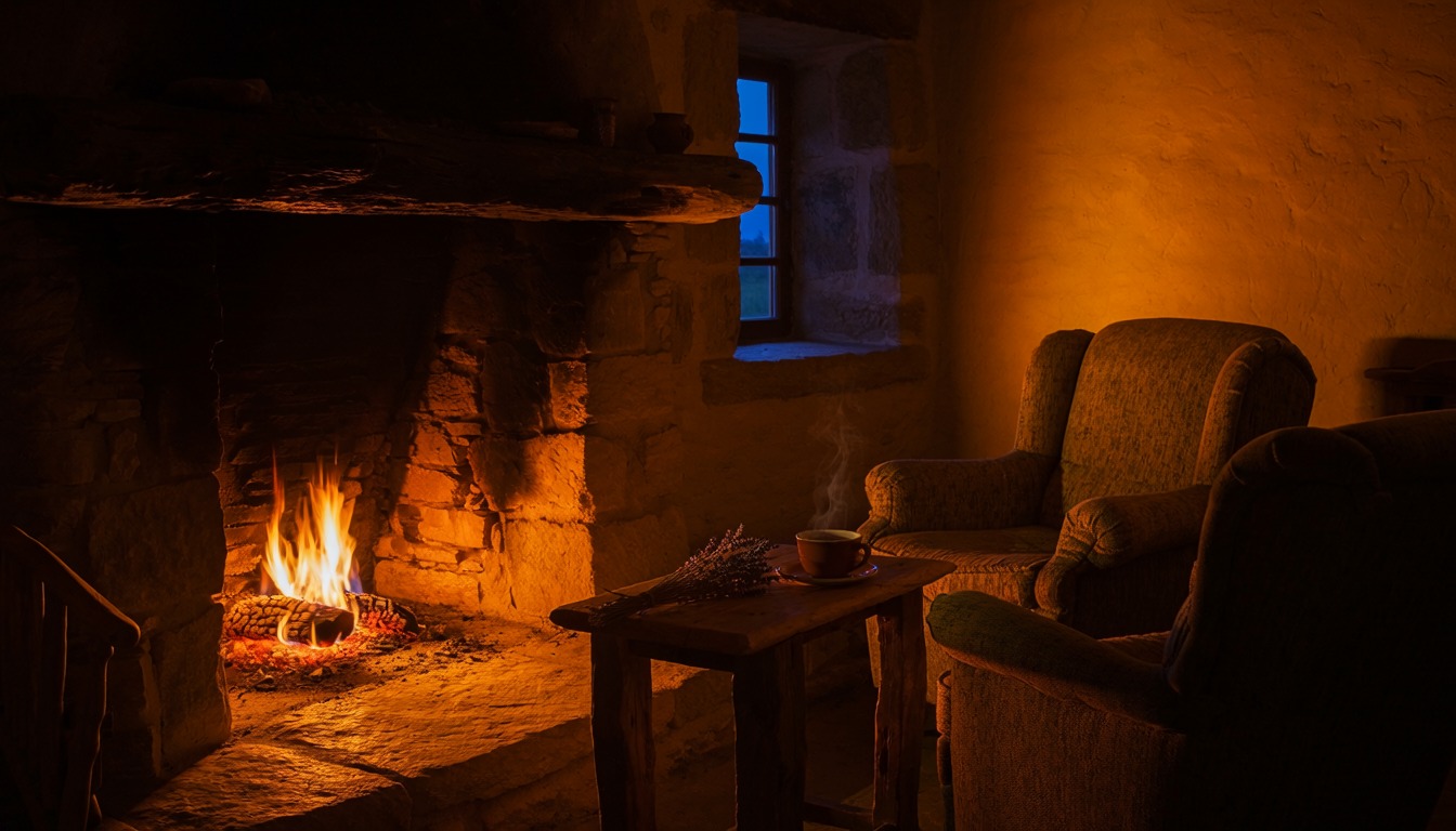 A low fire burning in a stone fireplace beside two worn armchairs in a quiet room at night