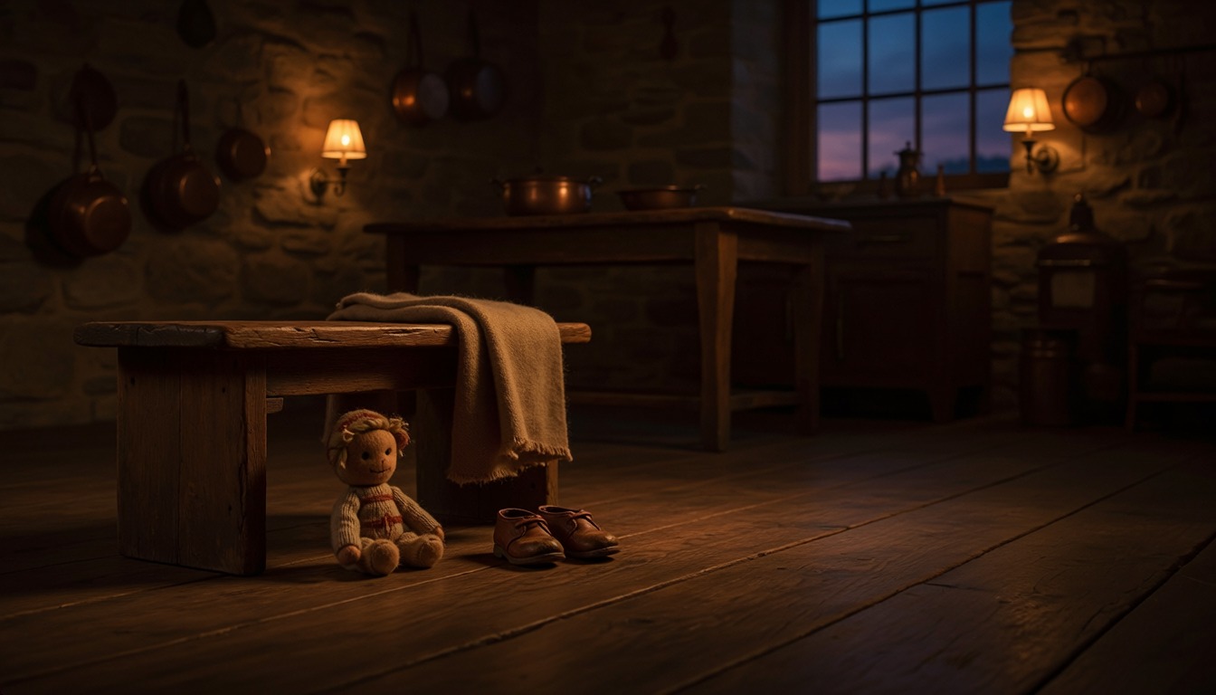 A dim farmhouse kitchen at evening, a blanket draped over a timber bench, a small knitted toy and a pair of child's shoes on the floor beneath it