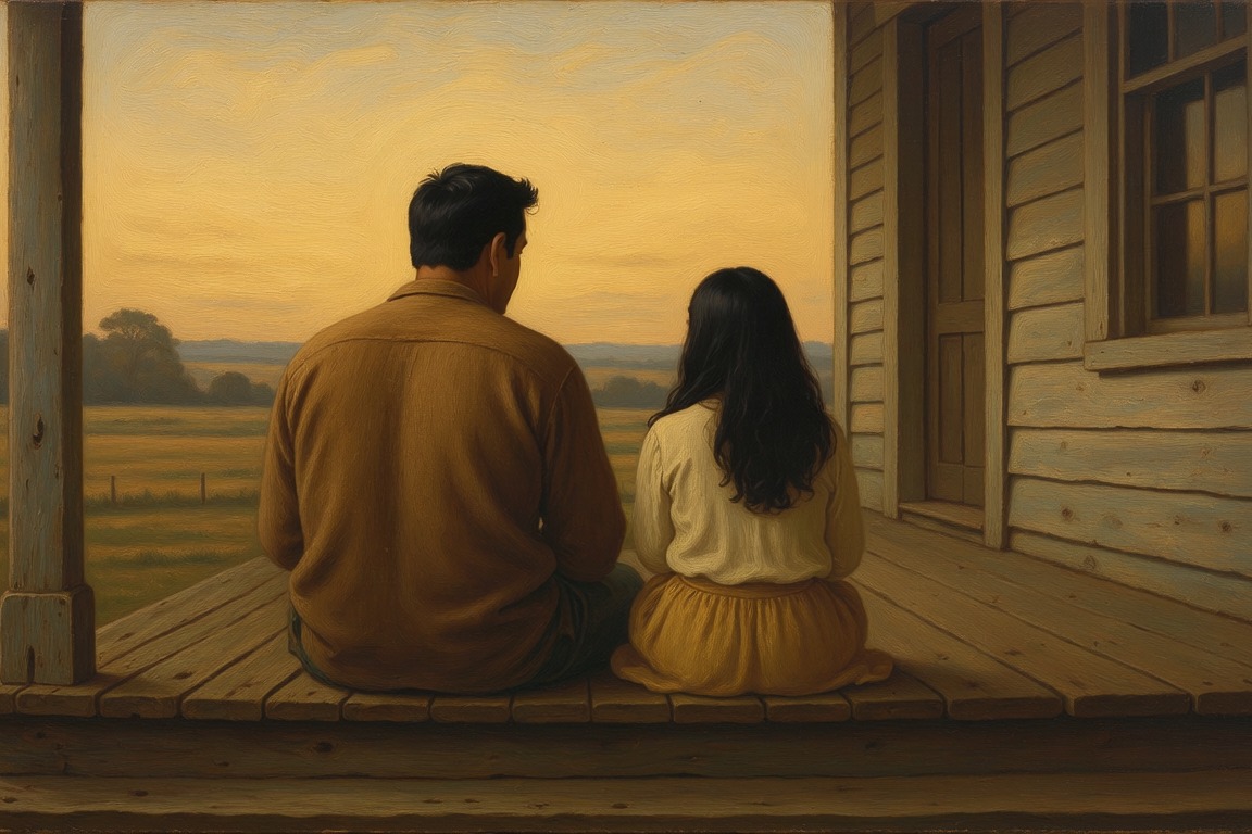 A father and his teenage daughter seen from behind sitting together on a verandah, looking out over the fields
