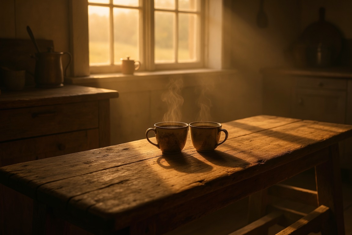 Two coffee cups side by side on a worn kitchen bench in morning window light, one still steaming