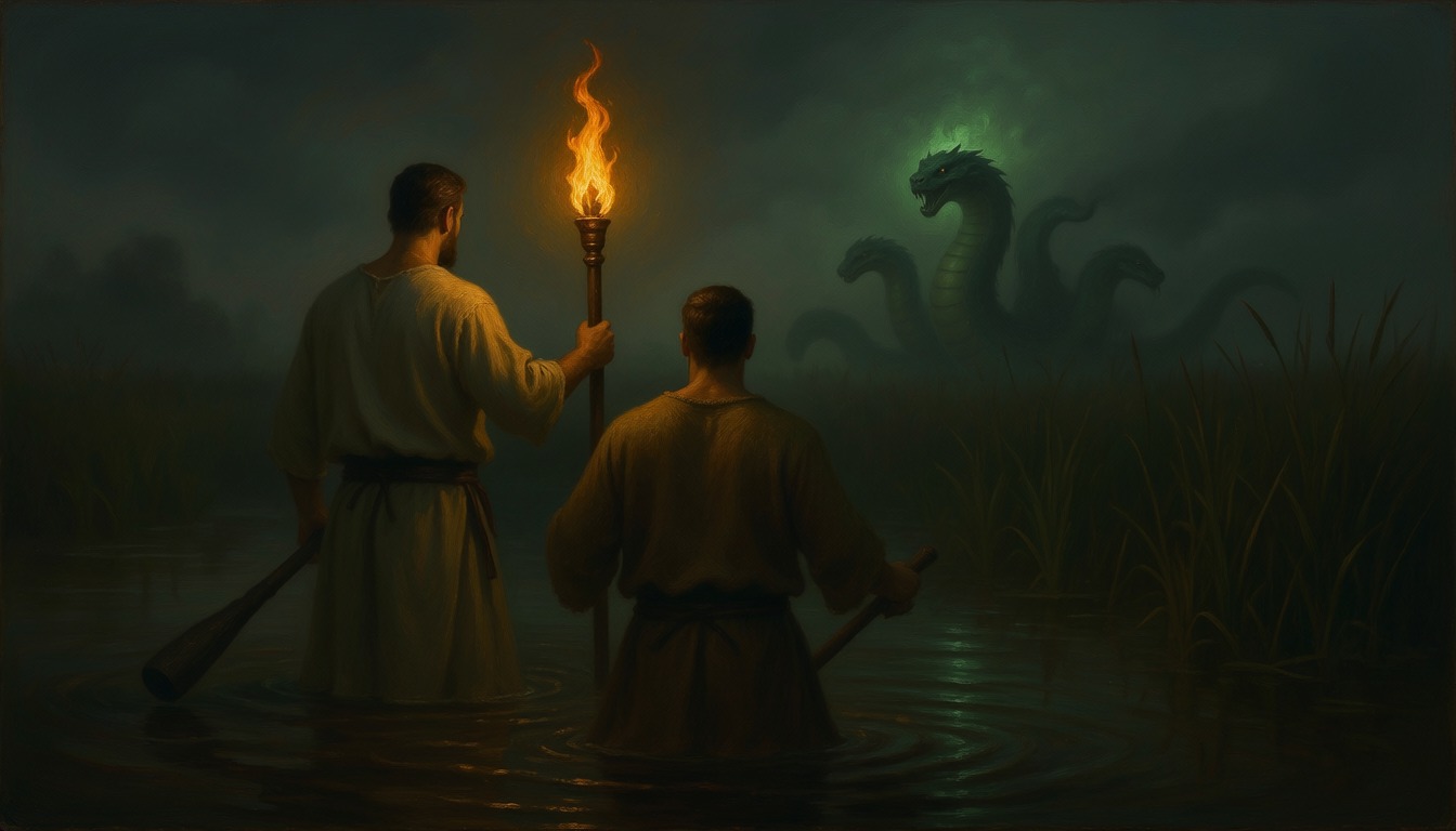 Two men in a swamp at night, one holding a torch, facing the many heads of the Hydra rising from the reeds