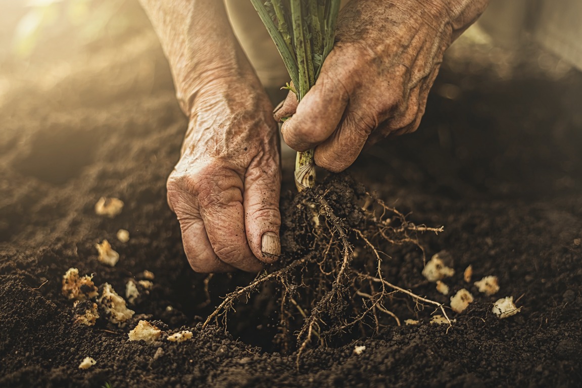 Weathered hands pulling a weed from the soil, its roots exposed