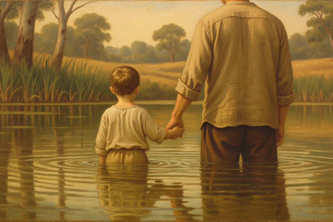 A father holding his young son's hand as they wade into still water together