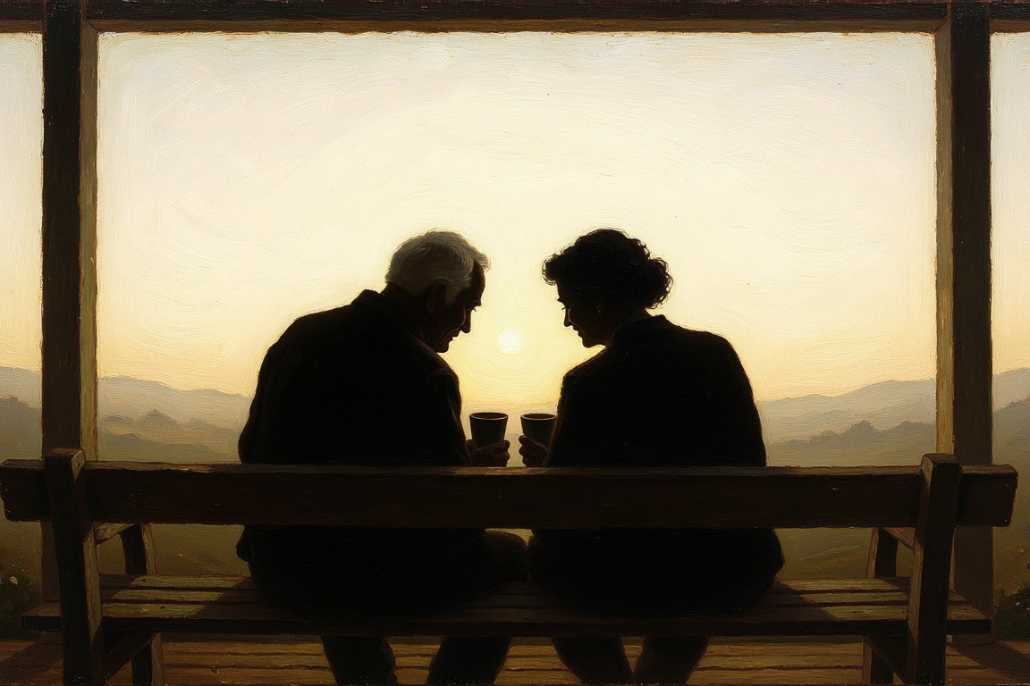 An elderly couple in silhouette sitting together on a bench with cups of tea, facing the morning light