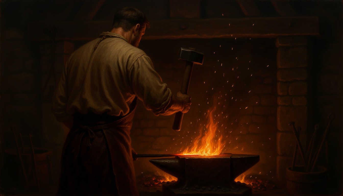 A blacksmith seen from behind raising a hammer over a glowing forge