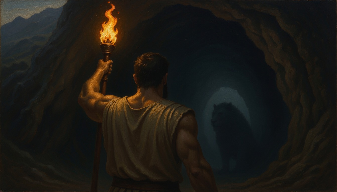 A man with a torch seen from behind at the mouth of a dark cave, the shape of a great lion in the shadows
