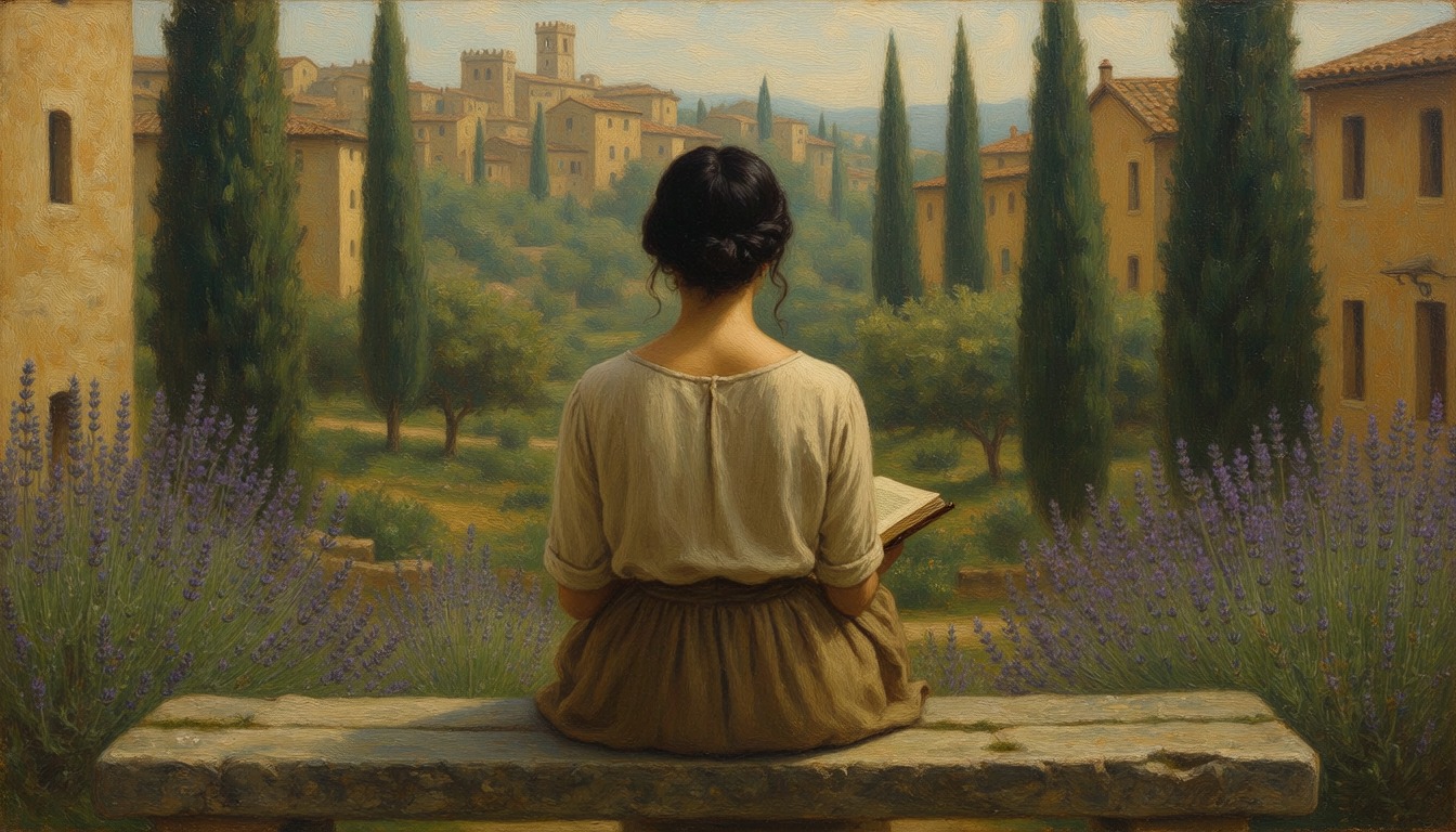A woman seen from behind reading on a stone bench among lavender and cypress trees, an old hill town beyond