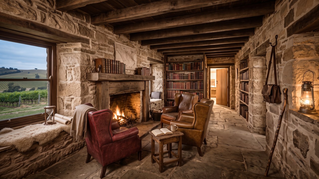 Armchairs drawn up to a lit fire in a stone room