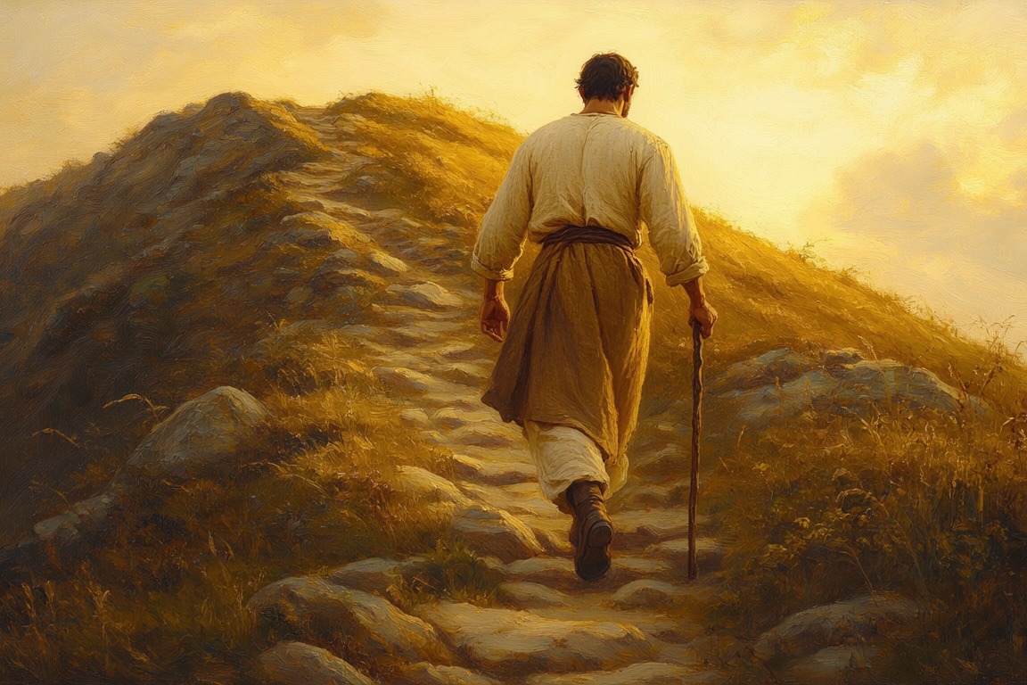 A man seen from behind climbing a steep hill path with a walking stick