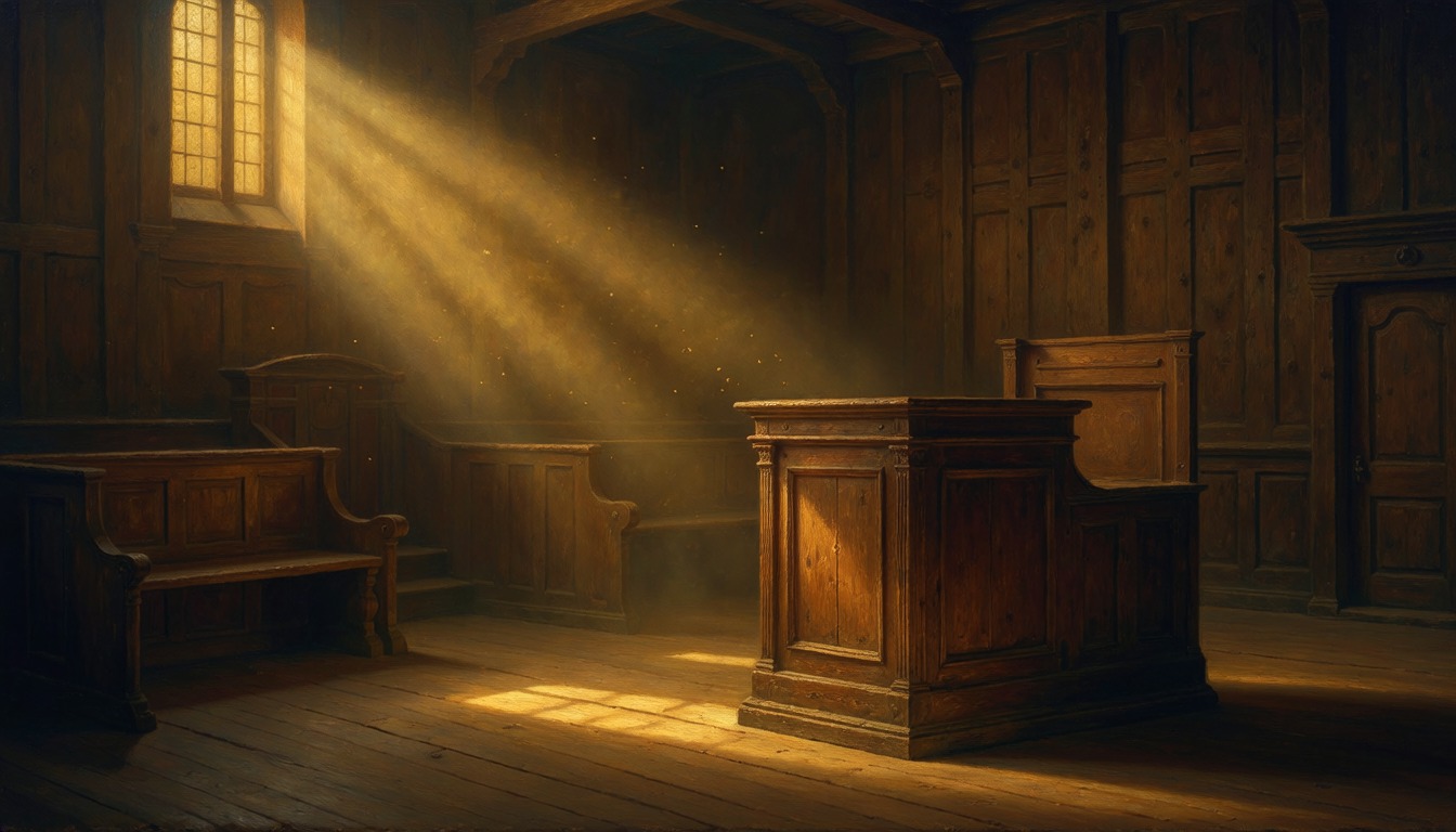 An empty wood-panelled courtroom lit by a shaft of window light