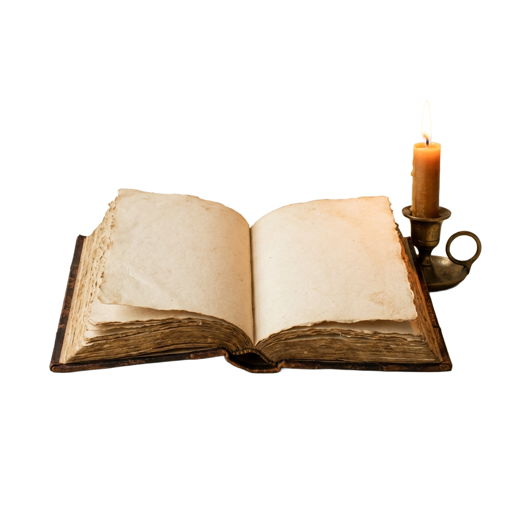 An open leather book with a lit candle