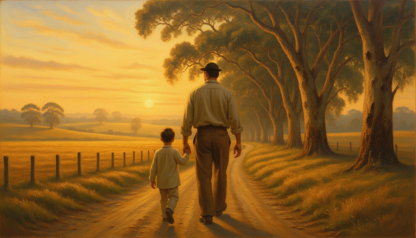 A man and a young boy seen from behind walking along a tree-lined country track at sunrise