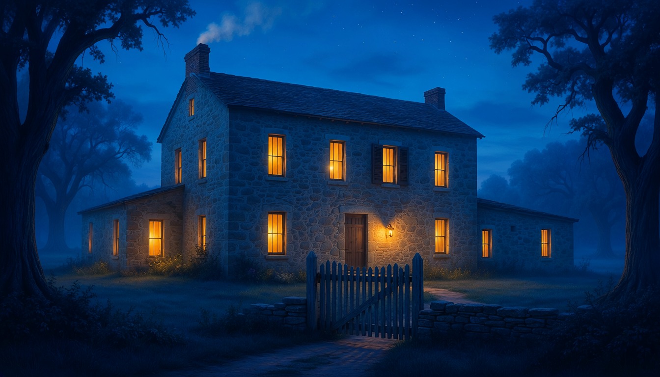 A stone farmhouse at dusk with every window lit warm from within, a picket gate in front
