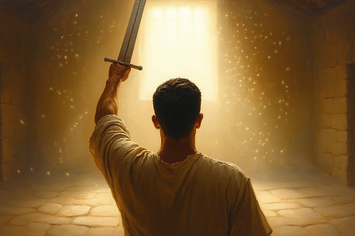 A young man seen from behind raising a sword overhead in a shaft of light