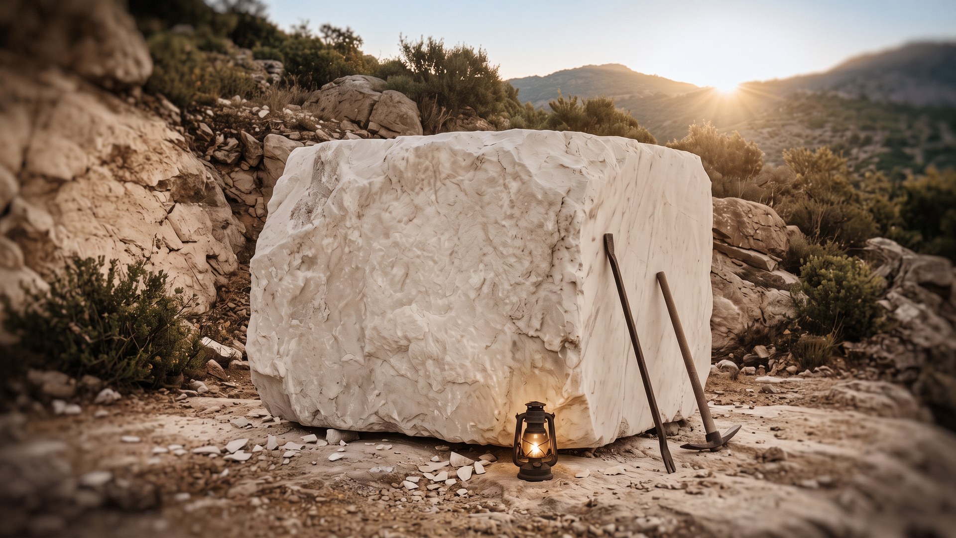 The Quarry: a raw block of marble at dawn