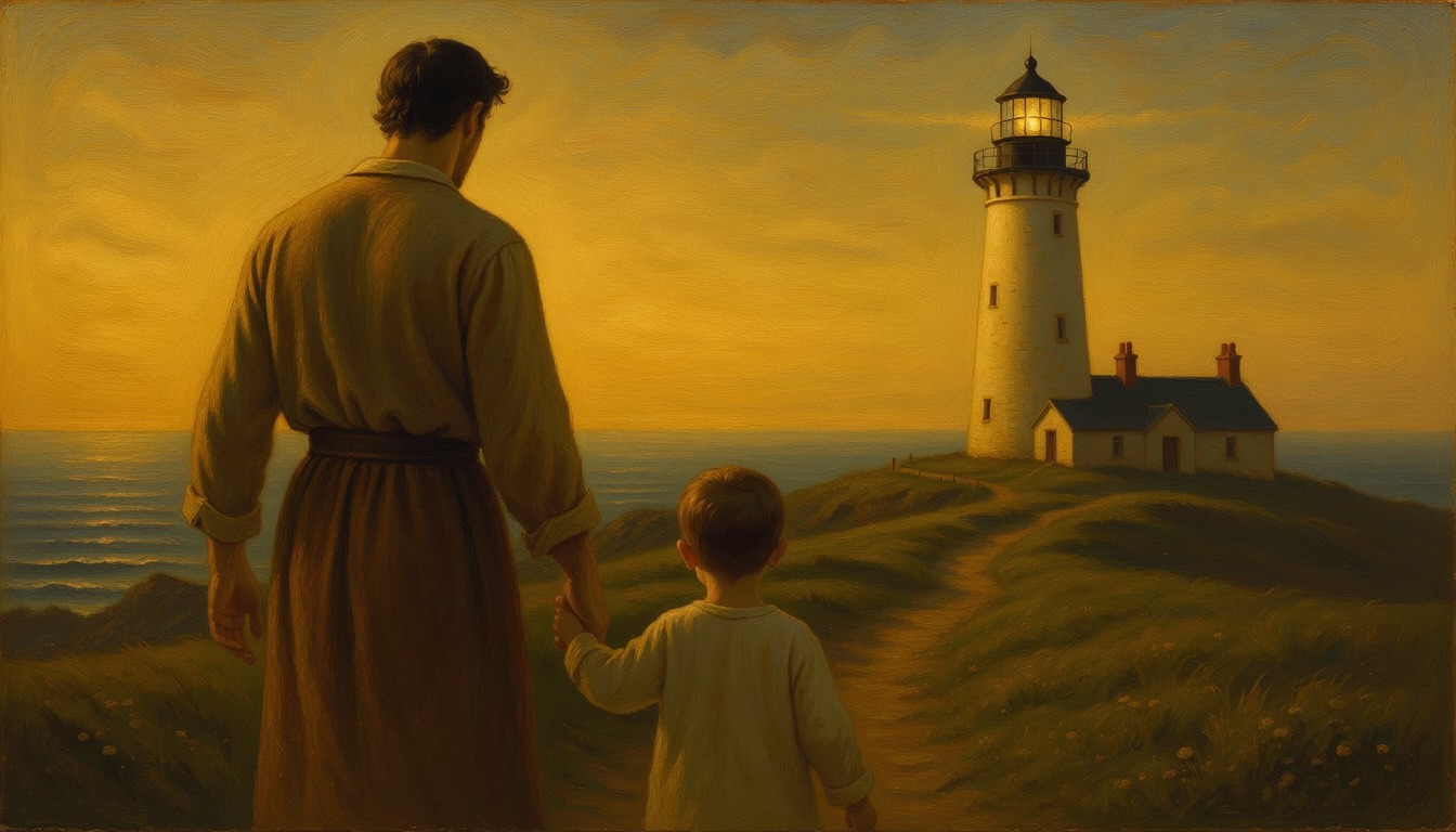 A father and a small child seen from behind walking hand in hand toward a lighthouse on a green headland