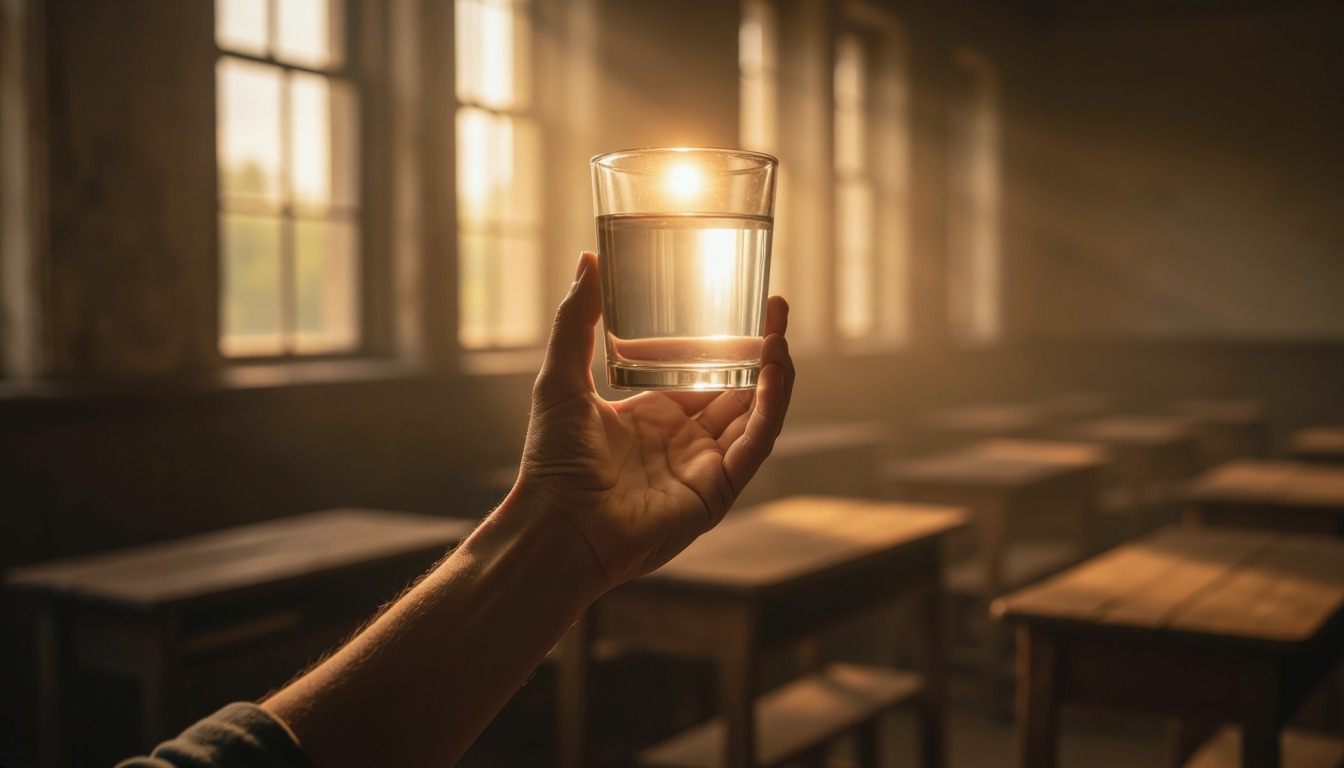 A hand lifting a glass of water up to the window light in an old classroom