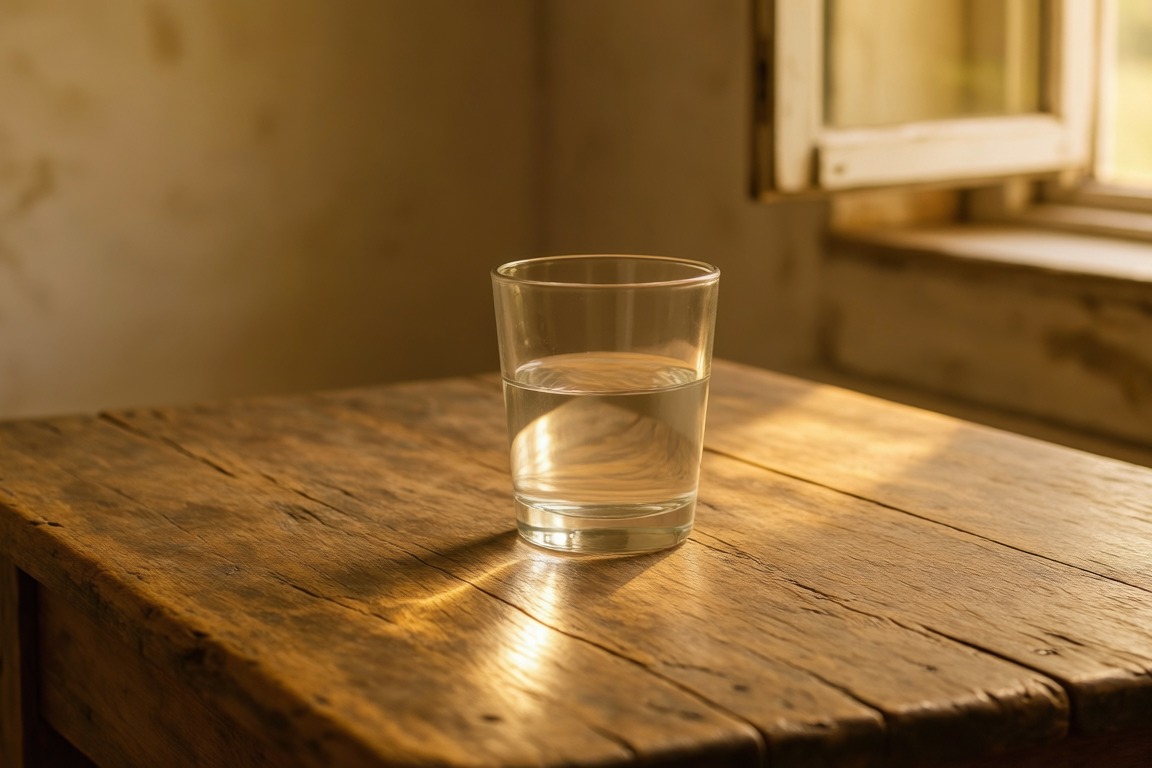 A glass of water set down on a worn timber table beside a window
