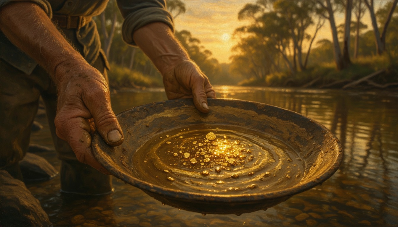 Weathered hands holding a gold pan flecked with gold at the edge of a river at sunset