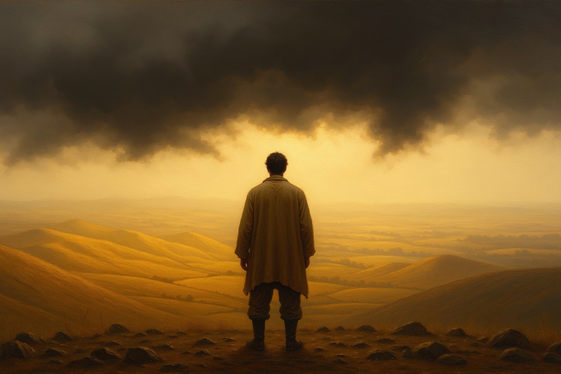 A man seen from behind standing alone on open ground beneath a dark storm cloud