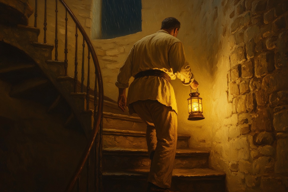 A lighthouse keeper seen from behind climbing a worn stone spiral staircase, carrying a small lantern