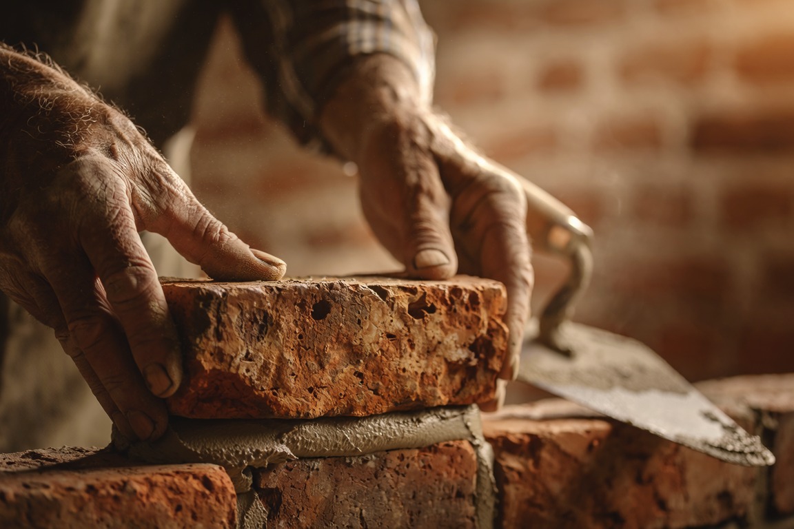 A pair of weathered hands setting a single stone brick in place on a wall