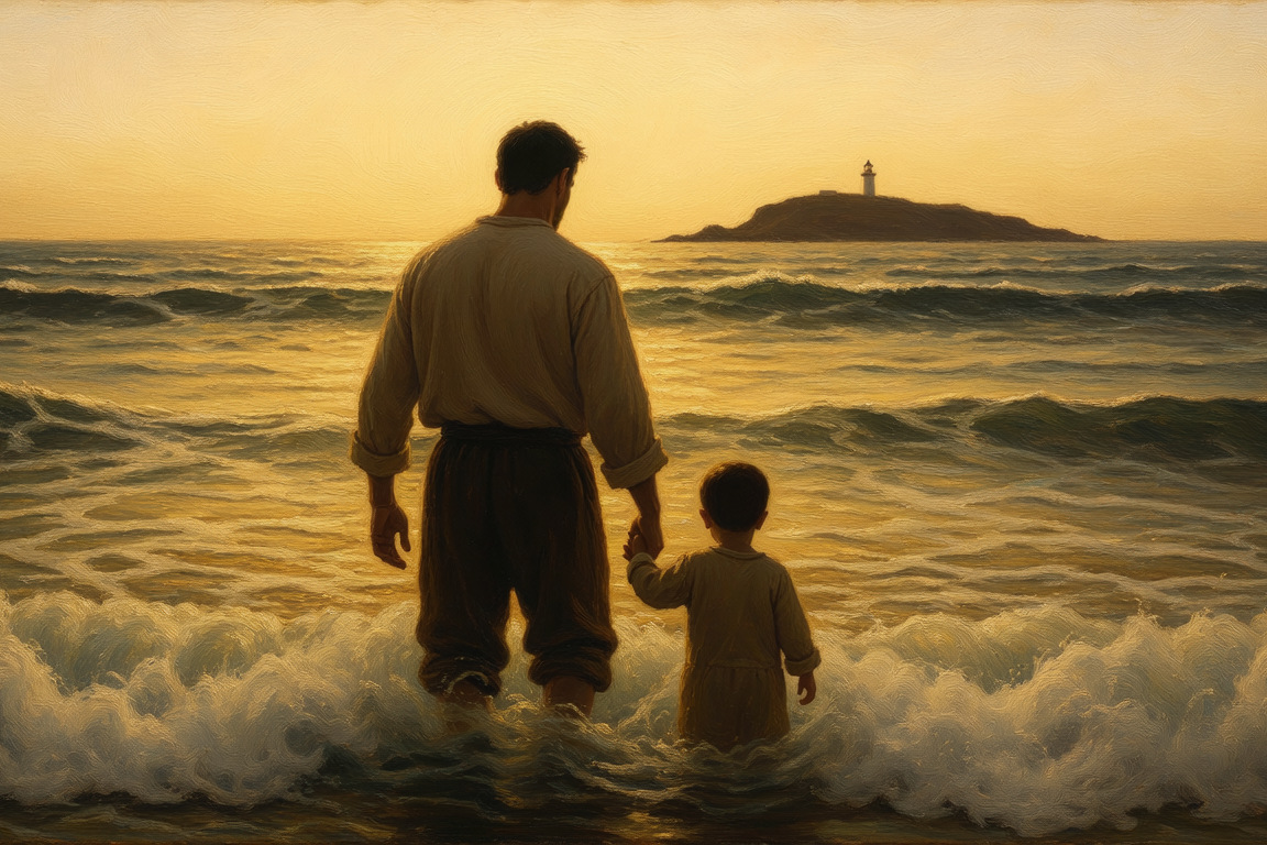 A father and a small child seen from behind, standing knee-deep as a wave washes past them, painted like an old oil painting