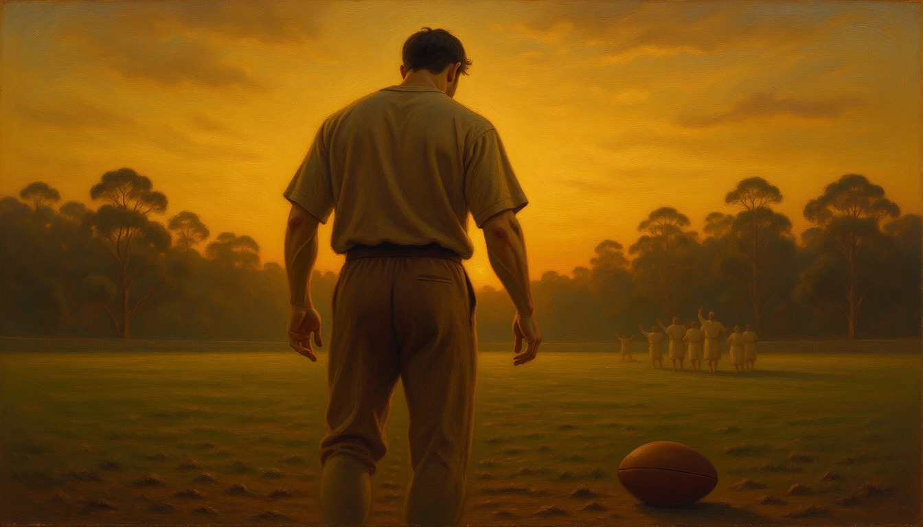 A footballer seen from behind walking off a field at sunset, the ball on the grass