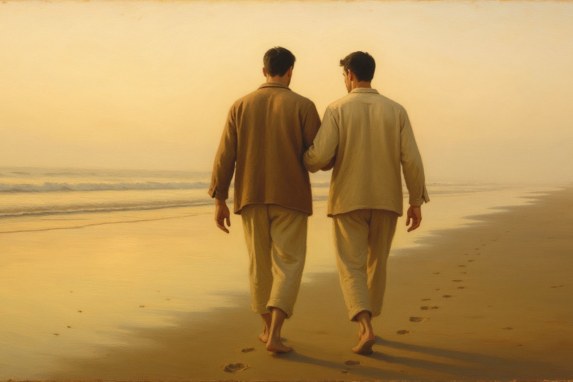 Two men seen from behind walking side by side along a beach, footprints in the sand behind them